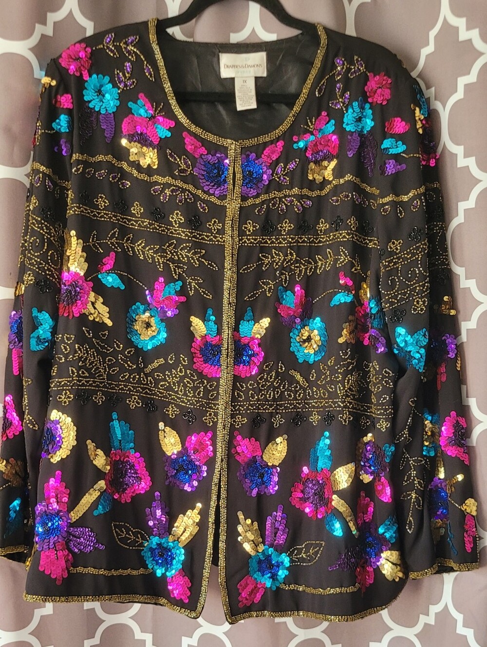 Embroidered Sequined and Beaded  Floral Jacket - Black with Multicolor Accents.